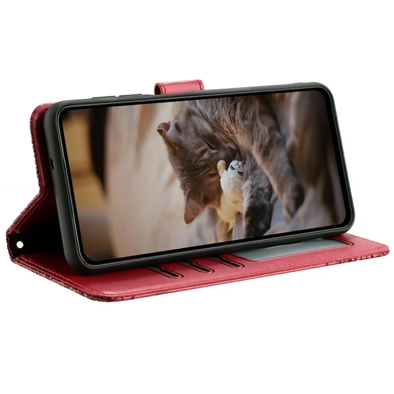 For Samsung Galaxy A56 5G Case with Wrist Strap Leather Phone Cover Wall Cats Pattern - Red