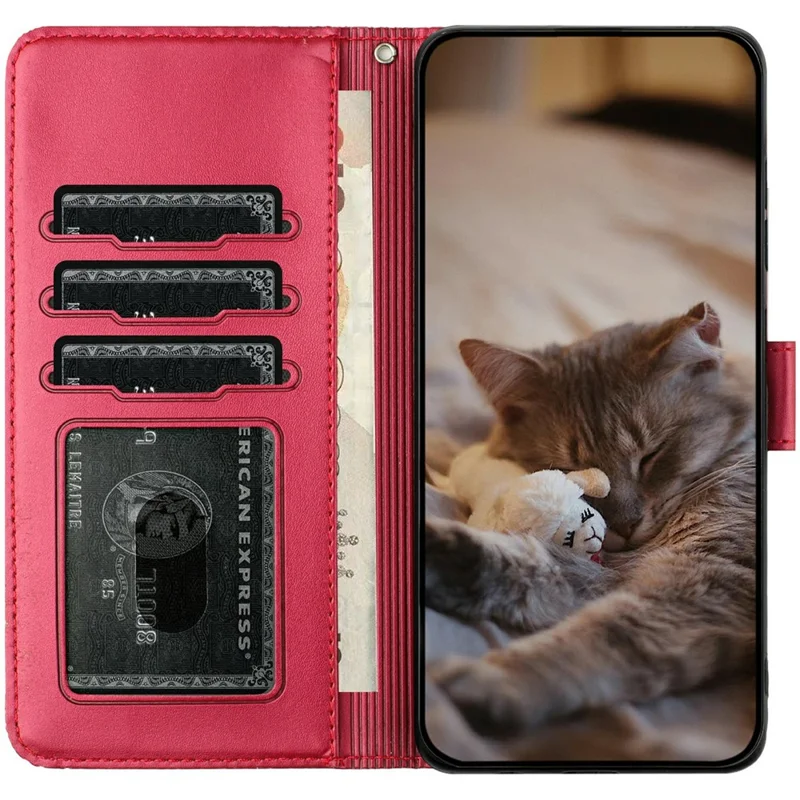 For Samsung Galaxy A56 5G Case with Wrist Strap Leather Phone Cover Wall Cats Pattern - Red