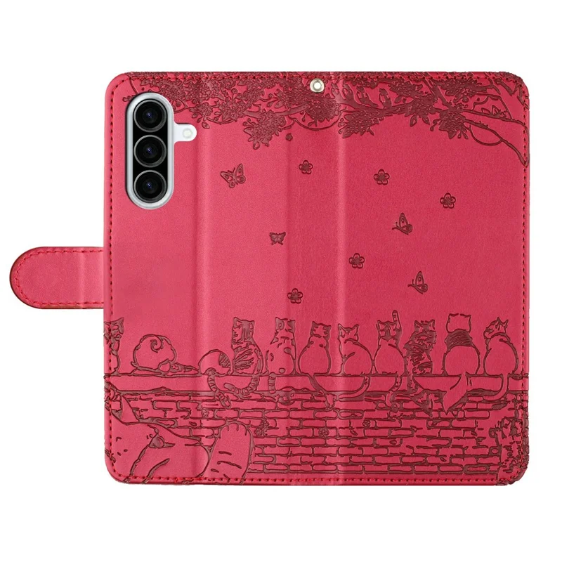 For Samsung Galaxy A56 5G Case with Wrist Strap Leather Phone Cover Wall Cats Pattern - Red