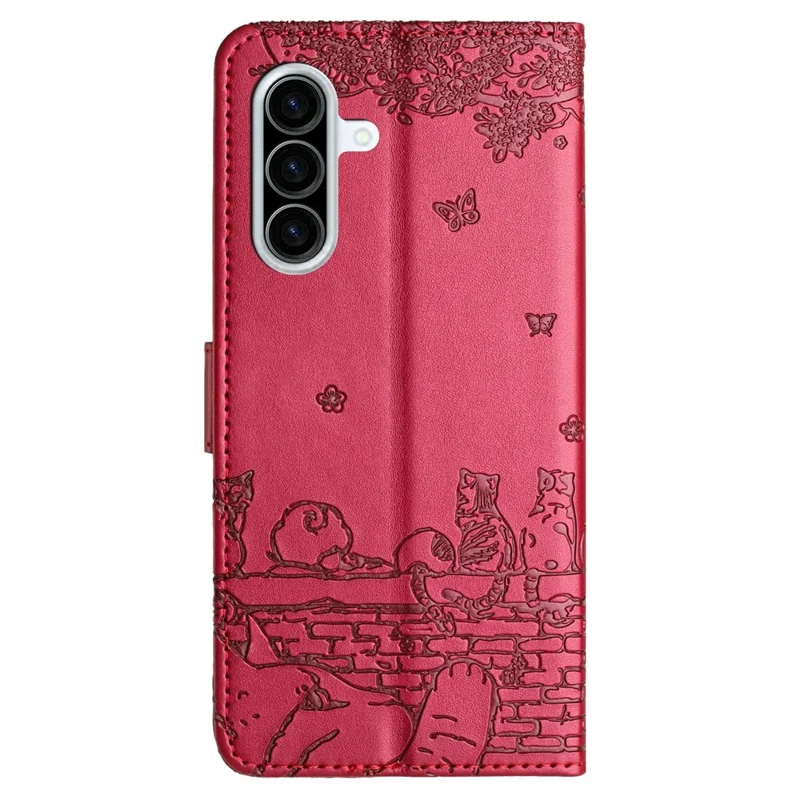 For Samsung Galaxy A56 5G Case with Wrist Strap Leather Phone Cover Wall Cats Pattern - Red