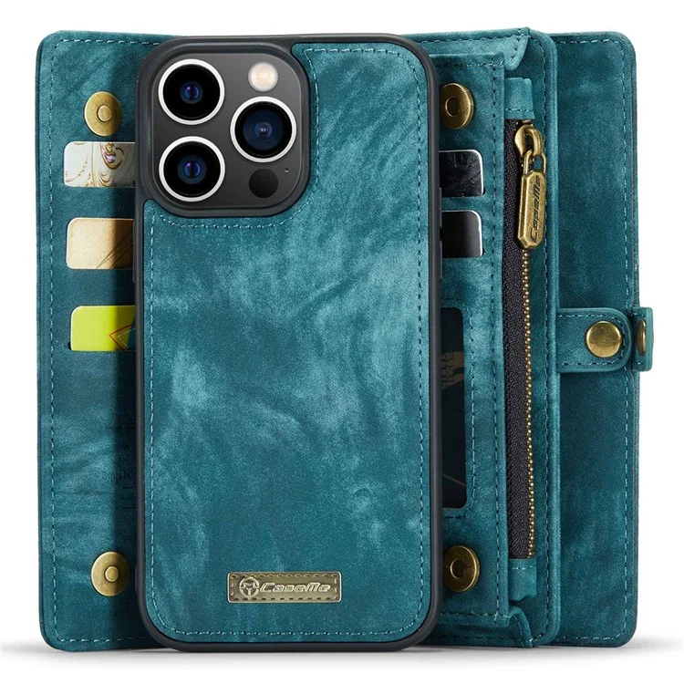 CASEME 008 Serie para iPhone 14 Pro Max Funda de Teléfono Magnética Desmontable Multifuncional Estuche de Piel Sintética con Soporte, Bolsillo con Cremallera y Correa - Azul