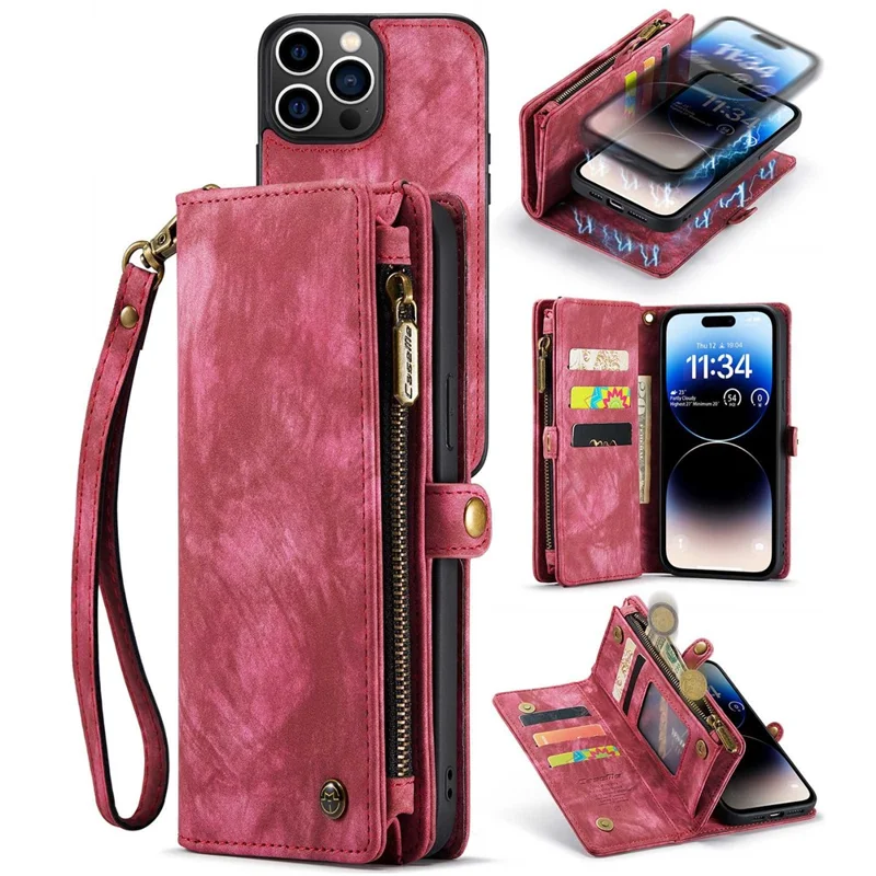 CASEME 008 Series for iPhone 14 Pro Max Multi-Functional Detachable Magnetic Phone Case PU Leather Stand Zipper Pocket Wallet Cover with Strap - Red