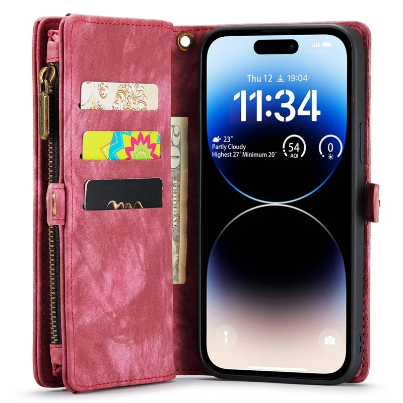 CASEME 008 Series for iPhone 14 Pro Max Multi-Functional Detachable Magnetic Phone Case PU Leather Stand Zipper Pocket Wallet Cover with Strap - Red