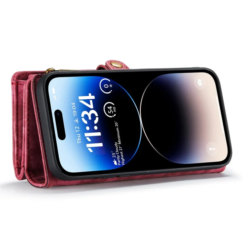 CASEME 008 Series for iPhone 14 Pro Max Multi-Functional Detachable Magnetic Phone Case PU Leather Stand Zipper Pocket Wallet Cover with Strap - Red