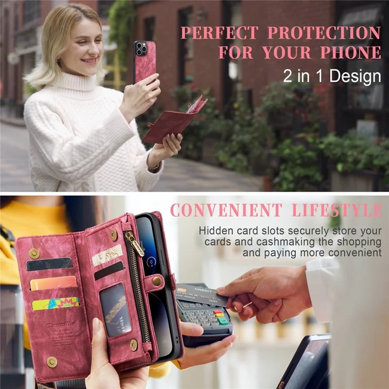 CASEME 008 Series for iPhone 14 Pro Max Multi-Functional Detachable Magnetic Phone Case PU Leather Stand Zipper Pocket Wallet Cover with Strap - Red