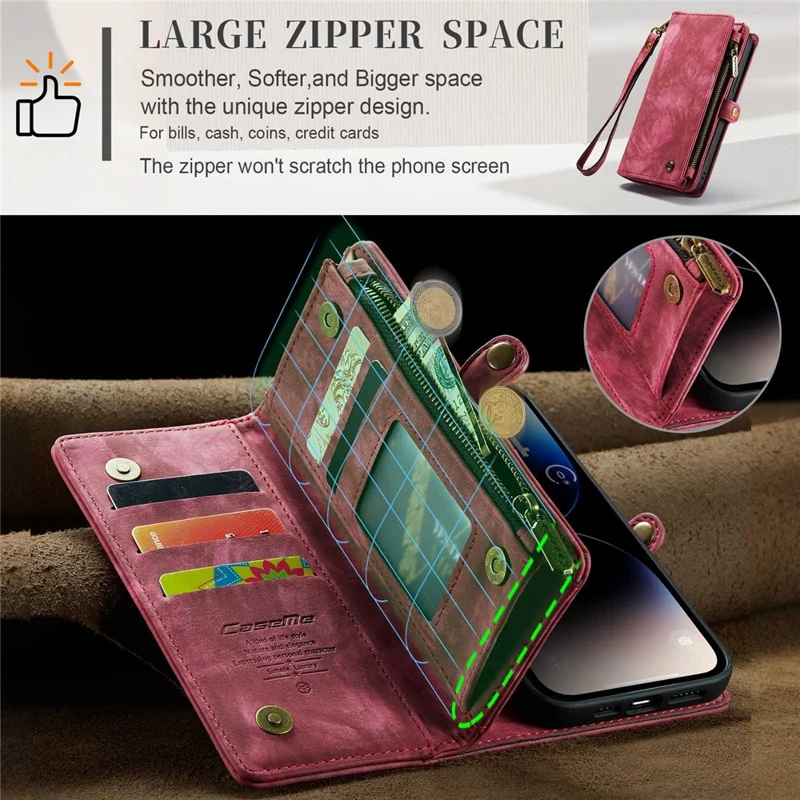 CASEME 008 Series for iPhone 14 Pro Max Multi-Functional Detachable Magnetic Phone Case PU Leather Stand Zipper Pocket Wallet Cover with Strap - Red