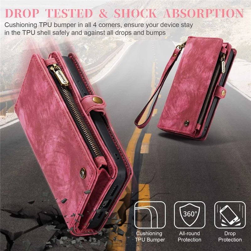 CASEME 008 Series for iPhone 14 Pro Max Multi-Functional Detachable Magnetic Phone Case PU Leather Stand Zipper Pocket Wallet Cover with Strap - Red