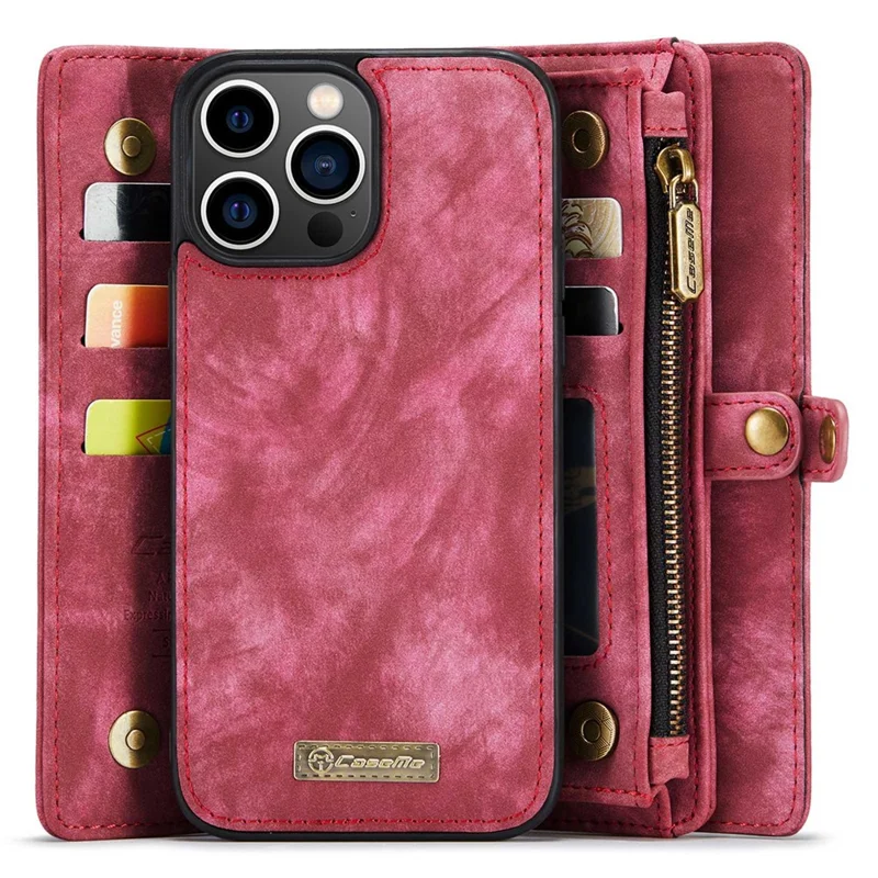 CASEME 008 Series for iPhone 14 Pro Max Multi-Functional Detachable Magnetic Phone Case PU Leather Stand Zipper Pocket Wallet Cover with Strap - Red