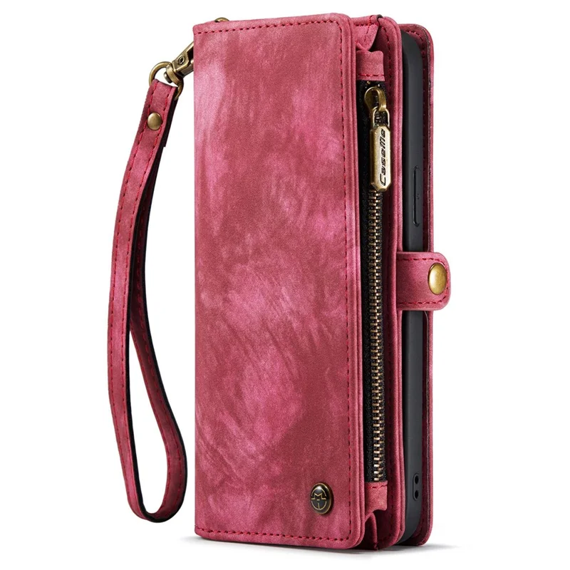 CASEME 008 Series for iPhone 14 Pro Max Multi-Functional Detachable Magnetic Phone Case PU Leather Stand Zipper Pocket Wallet Cover with Strap - Red