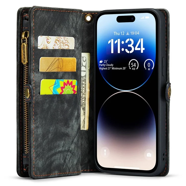 CASEME 008 Serie für iPhone 14 Pro Max Multi-Funktional Abnehmbare Magnetische Handyhülle aus PU-Leder mit Ständer, Reißverschluss-Tasche und Trageriemen - Schwarz