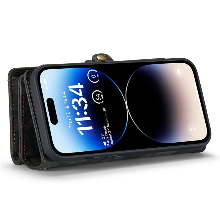 CASEME 008 Serie für iPhone 14 Pro Max Multi-Funktional Abnehmbare Magnetische Handyhülle aus PU-Leder mit Ständer, Reißverschluss-Tasche und Trageriemen - Schwarz