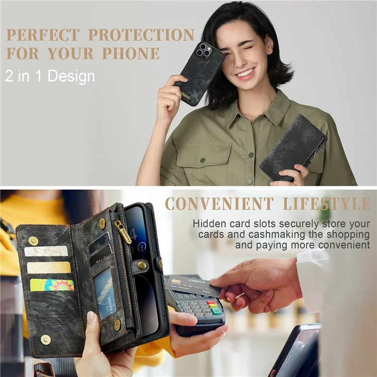 CASEME 008 Serie für iPhone 14 Pro Max Multi-Funktional Abnehmbare Magnetische Handyhülle aus PU-Leder mit Ständer, Reißverschluss-Tasche und Trageriemen - Schwarz