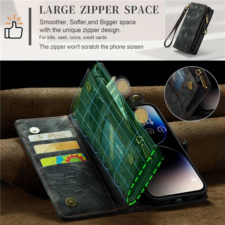 CASEME 008 Serie für iPhone 14 Pro Max Multi-Funktional Abnehmbare Magnetische Handyhülle aus PU-Leder mit Ständer, Reißverschluss-Tasche und Trageriemen - Schwarz