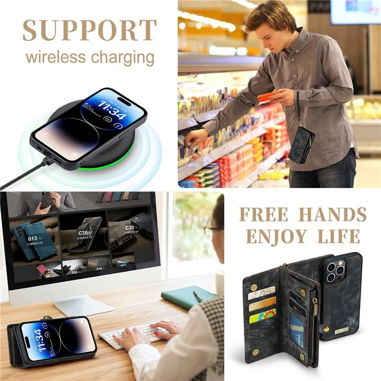 CASEME 008 Serie für iPhone 14 Pro Max Multi-Funktional Abnehmbare Magnetische Handyhülle aus PU-Leder mit Ständer, Reißverschluss-Tasche und Trageriemen - Schwarz