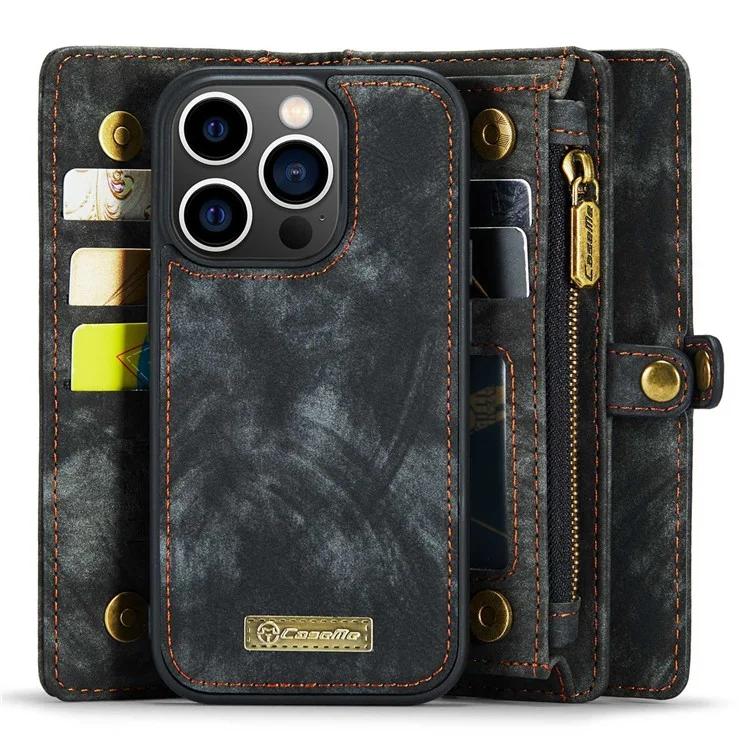 CASEME 008 Serie für iPhone 14 Pro Max Multi-Funktional Abnehmbare Magnetische Handyhülle aus PU-Leder mit Ständer, Reißverschluss-Tasche und Trageriemen - Schwarz