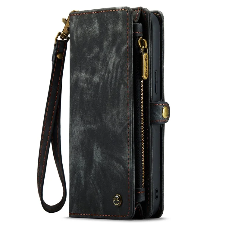 CASEME 008 Serie für iPhone 14 Pro Max Multi-Funktional Abnehmbare Magnetische Handyhülle aus PU-Leder mit Ständer, Reißverschluss-Tasche und Trageriemen - Schwarz