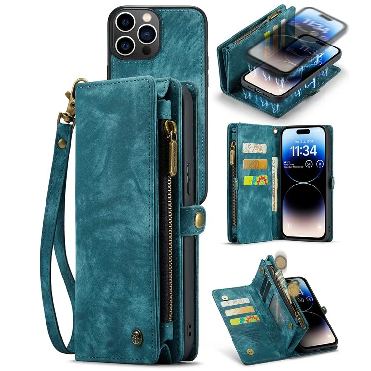 CASEME 008 Series para iPhone 14 Pro Funda de cartera de cuero sintético multifuncional con cremallera desmontable y función de soporte - Azul