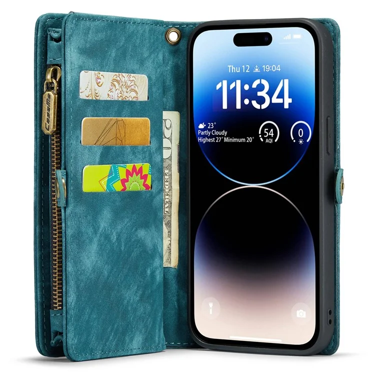 CASEME 008 Series para iPhone 14 Pro Funda de cartera de cuero sintético multifuncional con cremallera desmontable y función de soporte - Azul