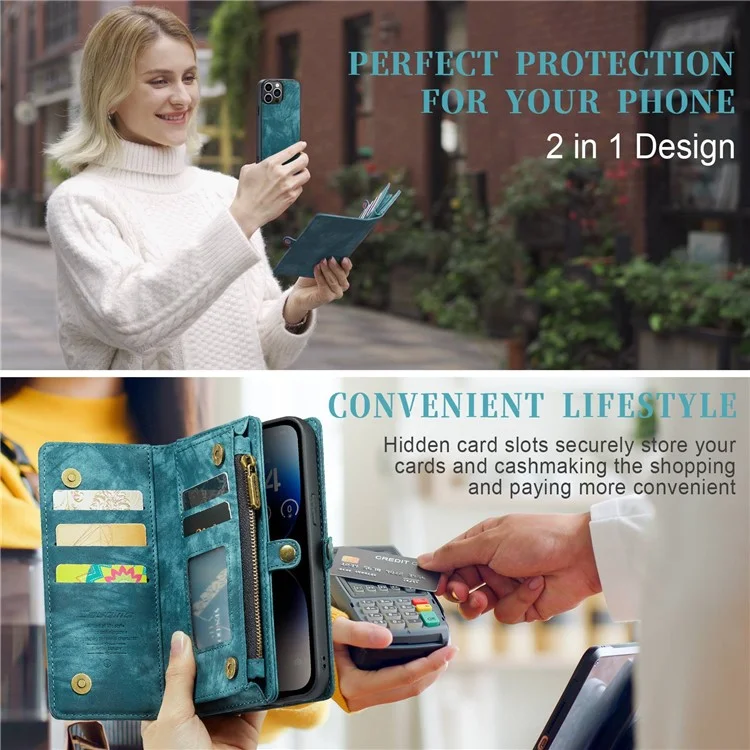 CASEME 008 Series para iPhone 14 Pro Funda de cartera de cuero sintético multifuncional con cremallera desmontable y función de soporte - Azul
