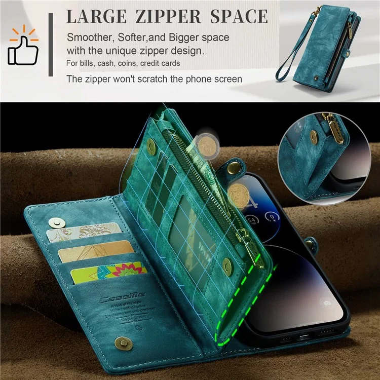 CASEME 008 Series para iPhone 14 Pro Funda de cartera de cuero sintético multifuncional con cremallera desmontable y función de soporte - Azul