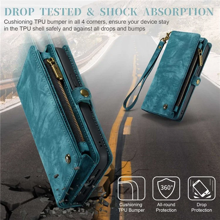CASEME 008 Series para iPhone 14 Pro Funda de cartera de cuero sintético multifuncional con cremallera desmontable y función de soporte - Azul