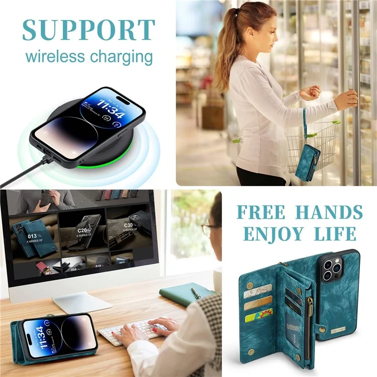 CASEME 008 Series para iPhone 14 Pro Funda de cartera de cuero sintético multifuncional con cremallera desmontable y función de soporte - Azul