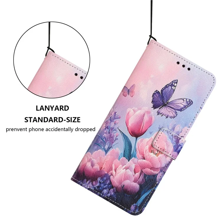 YX-2501 Funda con Soporte de Cuero PU con Estampado para iPhone 15 con Cordón - Flor Rosa y Mariposa