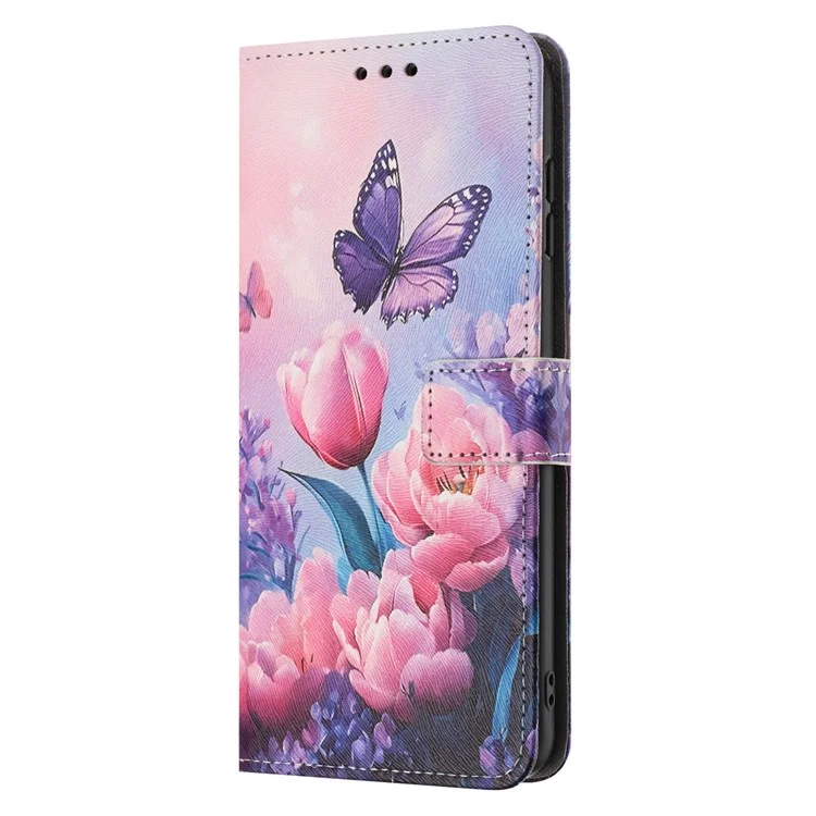 YX-2501 Funda con Soporte de Cuero PU con Estampado para iPhone 15 con Cordón - Flor Rosa y Mariposa