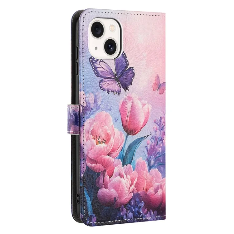YX-2501 Funda con Soporte de Cuero PU con Estampado para iPhone 15 con Cordón - Flor Rosa y Mariposa