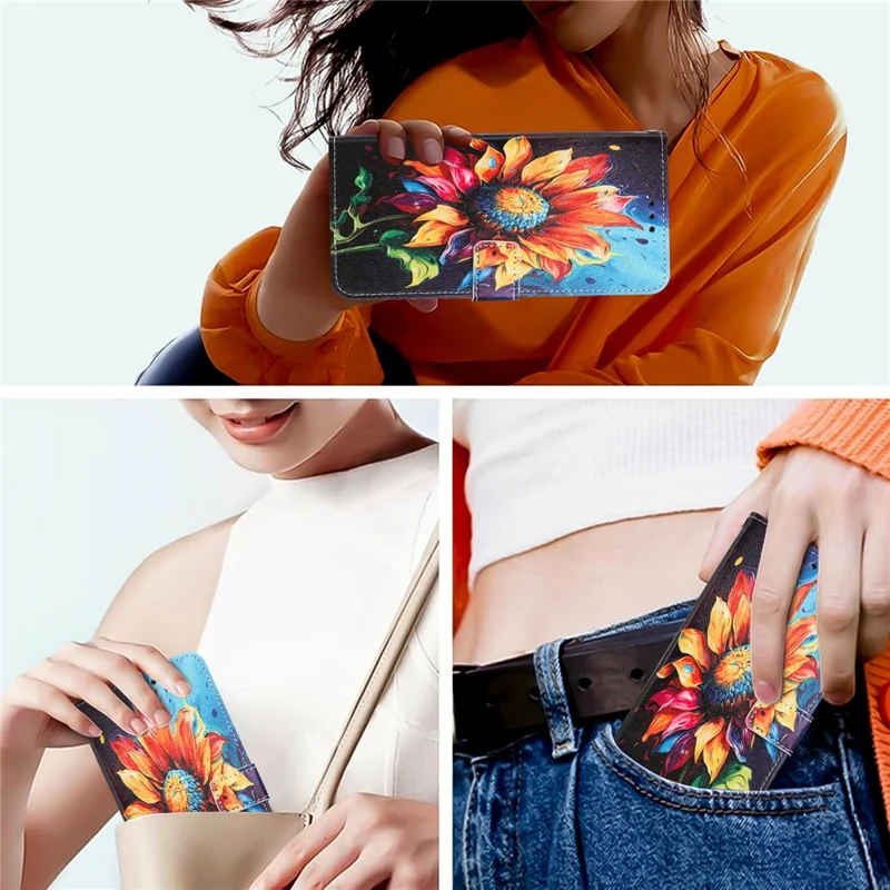 YX-2501 For iPhone 15 Stand Case Pattern Printing PU Leather Wallet Phone Cover with Lanyard - Sunflower