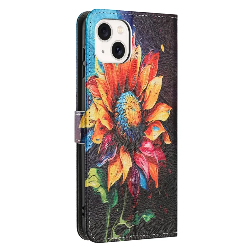 YX-2501 For iPhone 15 Stand Case Pattern Printing PU Leather Wallet Phone Cover with Lanyard - Sunflower