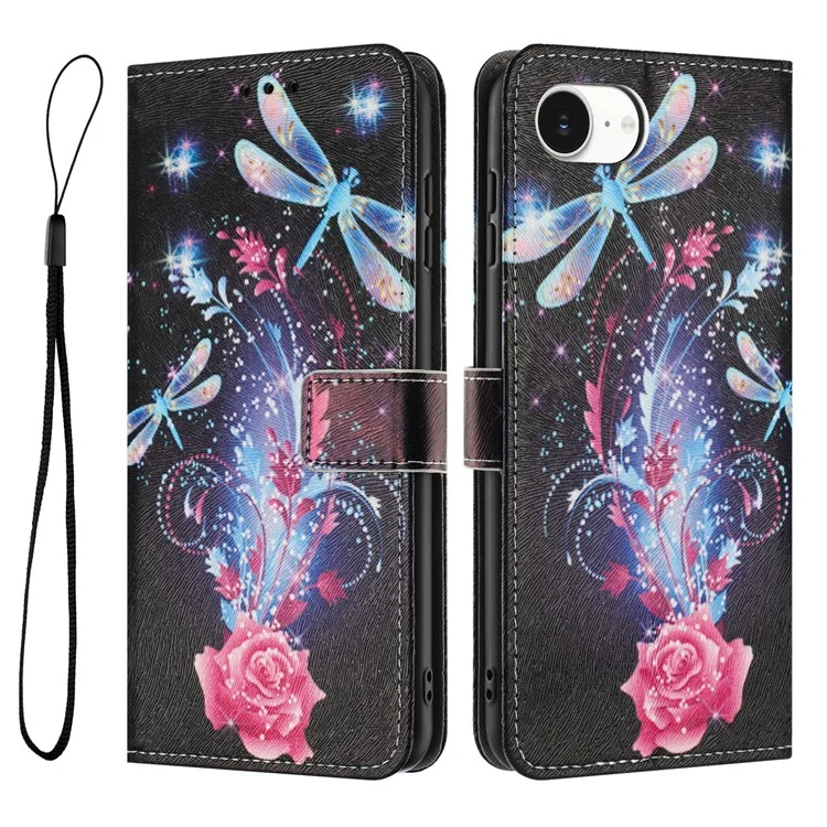 YX-2501 For iPhone 16e Stand Case Pattern Printing PU Leather Wallet Phone Cover with Lanyard - Dragonfly