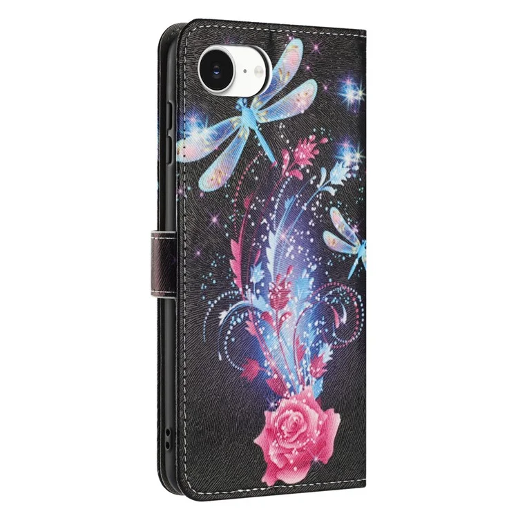 YX-2501 For iPhone 16e Stand Case Pattern Printing PU Leather Wallet Phone Cover with Lanyard - Dragonfly