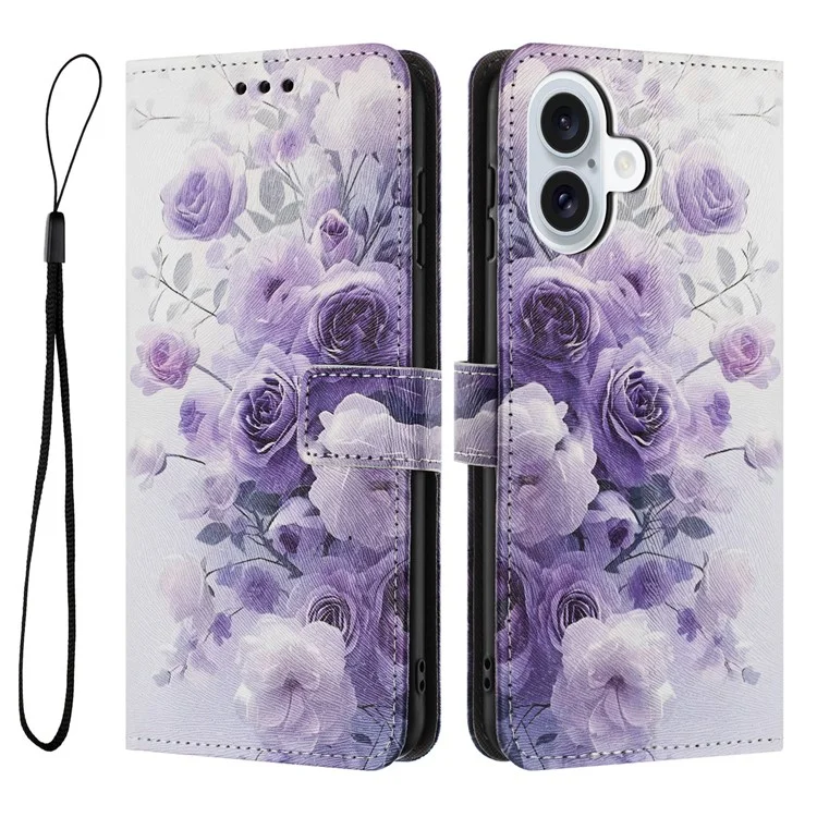 YX-2501 For iPhone 16 Stand Case Pattern Printing PU Leather Wallet Phone Cover with Lanyard - Purple Rose