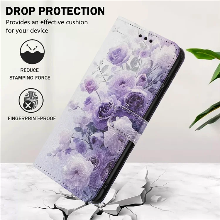 YX-2501 For iPhone 16 Stand Case Pattern Printing PU Leather Wallet Phone Cover with Lanyard - Purple Rose