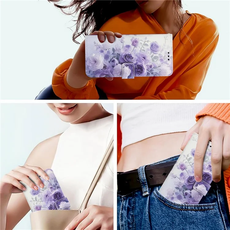 YX-2501 For iPhone 16 Stand Case Pattern Printing PU Leather Wallet Phone Cover with Lanyard - Purple Rose