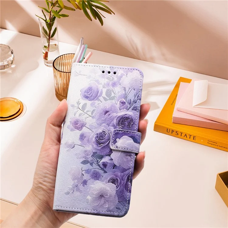 YX-2501 For iPhone 16 Stand Case Pattern Printing PU Leather Wallet Phone Cover with Lanyard - Purple Rose