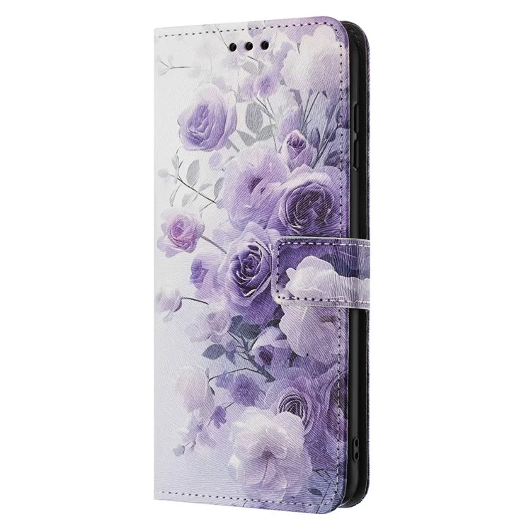 YX-2501 For iPhone 16 Stand Case Pattern Printing PU Leather Wallet Phone Cover with Lanyard - Purple Rose