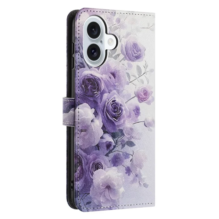 YX-2501 For iPhone 16 Stand Case Pattern Printing PU Leather Wallet Phone Cover with Lanyard - Purple Rose