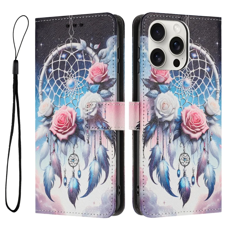 YX-2501 For iPhone 16 Pro Stand Case Pattern Printing PU Leather Wallet Phone Cover with Lanyard - Flower Wind Chime