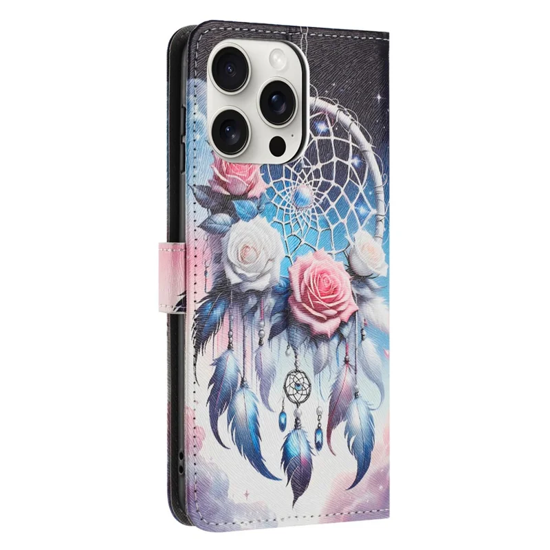 YX-2501 For iPhone 16 Pro Stand Case Pattern Printing PU Leather Wallet Phone Cover with Lanyard - Flower Wind Chime