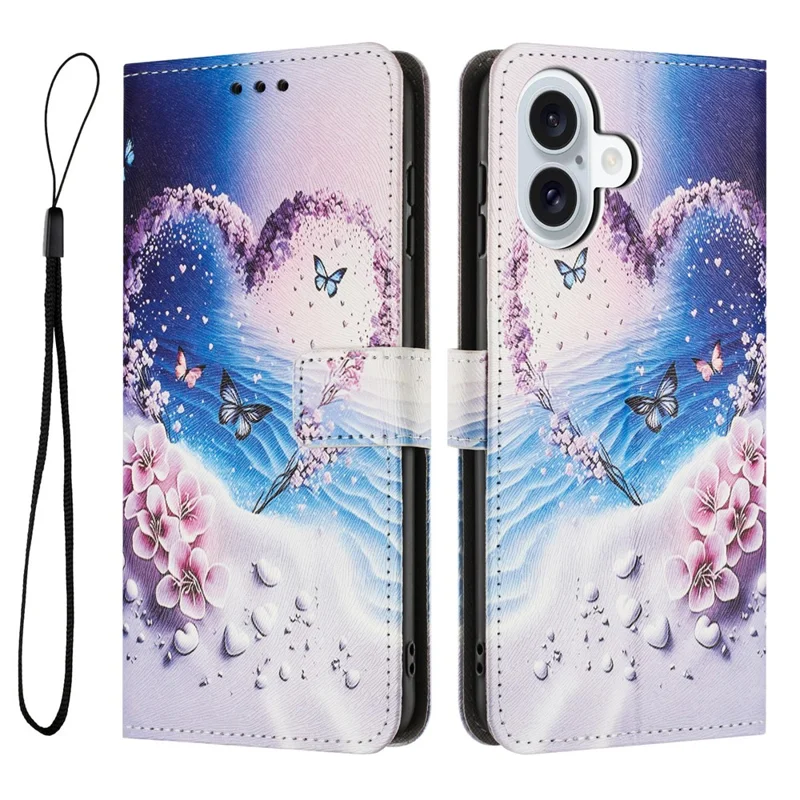 YX-2501 For iPhone 16 Plus Stand Case Pattern Printing PU Leather Wallet Phone Cover with Lanyard - Heart Butterfly