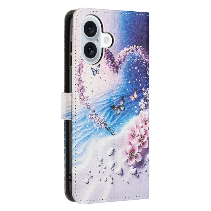 YX-2501 For iPhone 16 Plus Stand Case Pattern Printing PU Leather Wallet Phone Cover with Lanyard - Heart Butterfly