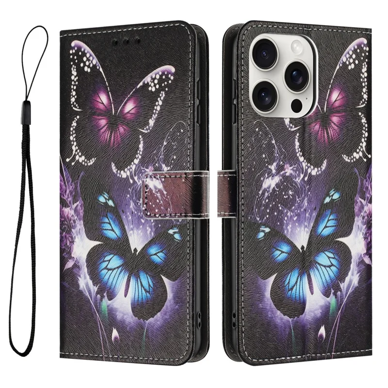 YX-2501 Per iPhone 16 Pro Max Custodia con Supporto Fantasia Stampata in Pelle PU Portafoglio con Cordino - Due Farfalle