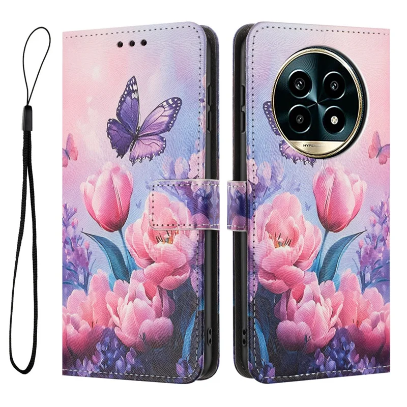 YX-2501 For Realme 13 Pro 5G (Global)  /  13 Pro+ 5G (Global) Case Pattern Printing PU Leather Wallet Phone Cover with Lanyard - Pink Flower Butterfly