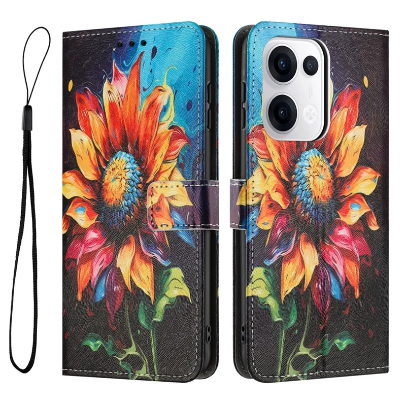 YX-2501 For Oppo Reno13 5G (Global) Case Pattern Printing PU Leather Wallet Phone Cover with Lanyard - Sunflower