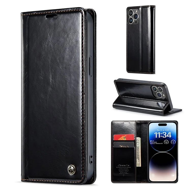 CASEME 003 Series PU Leder Handyhülle für iPhone 14 Pro Max, schockresistent, in Vintage-Optik mit Wachstextur, Magnetverschluss, Standfunktion und Portemonnaie - Schwarz