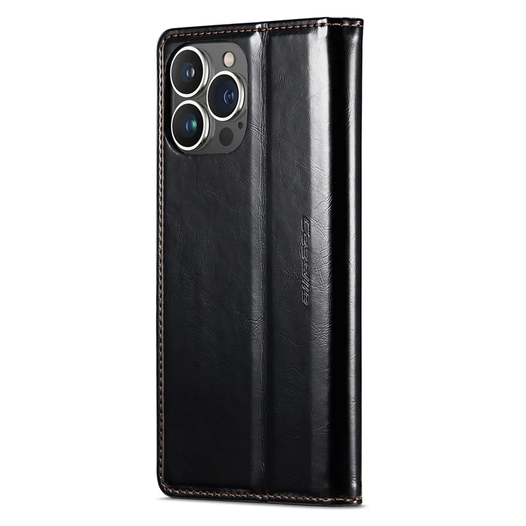 CASEME 003 Series PU Leder Handyhülle für iPhone 14 Pro Max, schockresistent, in Vintage-Optik mit Wachstextur, Magnetverschluss, Standfunktion und Portemonnaie - Schwarz