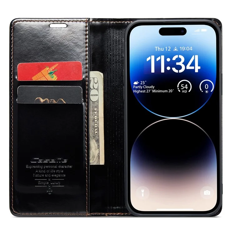 CASEME 003 Series PU Leder Handyhülle für iPhone 14 Pro Max, schockresistent, in Vintage-Optik mit Wachstextur, Magnetverschluss, Standfunktion und Portemonnaie - Schwarz
