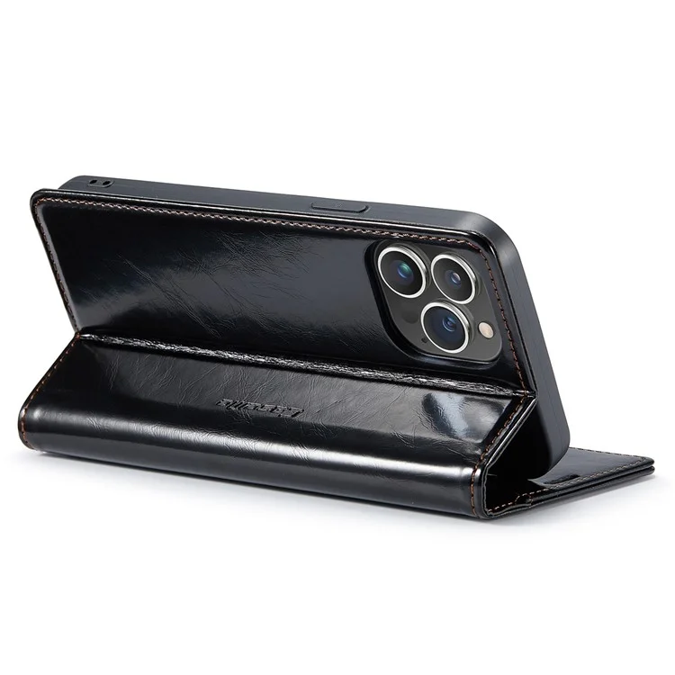 CASEME 003 Series PU Leder Handyhülle für iPhone 14 Pro Max, schockresistent, in Vintage-Optik mit Wachstextur, Magnetverschluss, Standfunktion und Portemonnaie - Schwarz